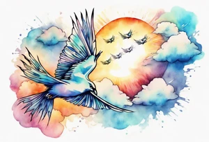 a shoulder tattoo with lots of rays of light in gradient starting from the middle
, clouds and birds flying free tattoo idea