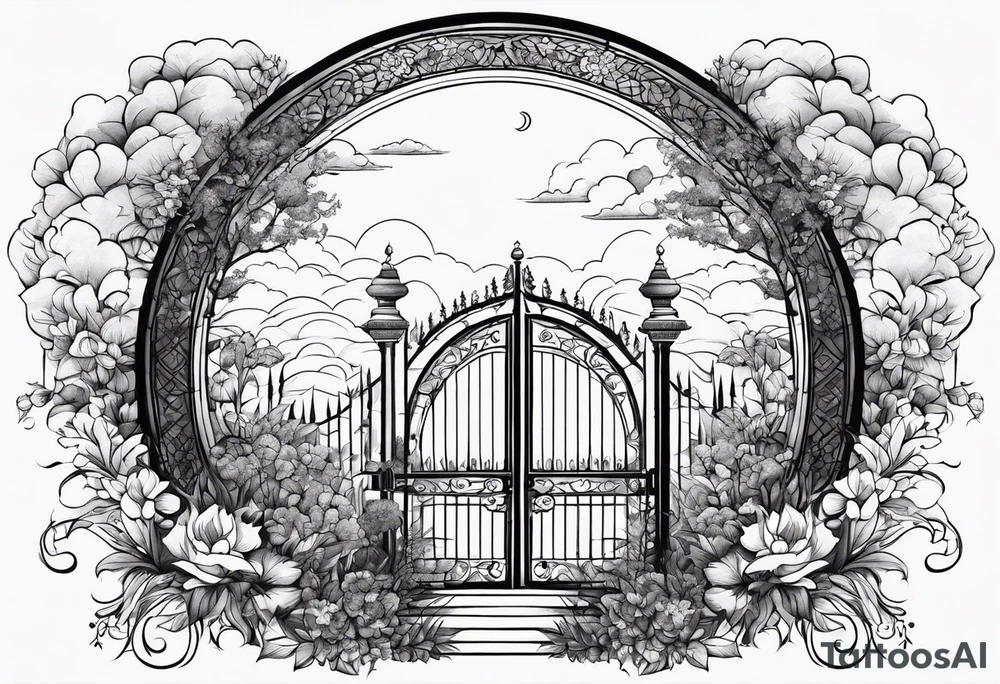 night ancient big town far away  garden gate entrance 
 in circle vignette surrounded by clouds floral tattoo idea