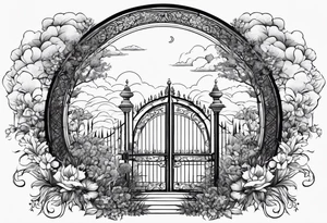 night ancient big town far away  garden gate entrance 
 in circle vignette surrounded by clouds floral tattoo idea