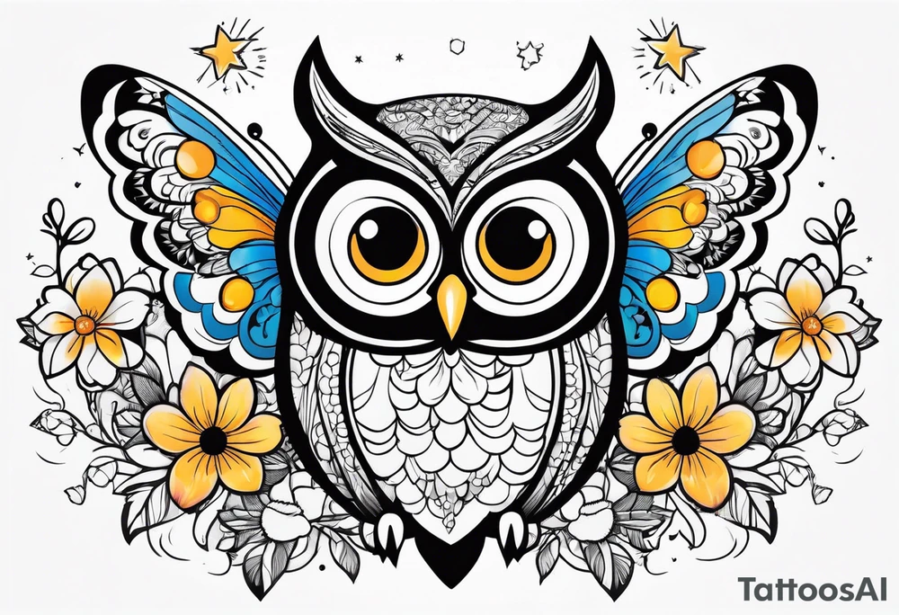 Owl flower butterfly stars tattoo idea