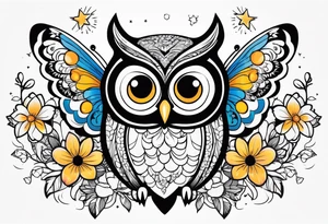 Owl flower butterfly stars tattoo idea