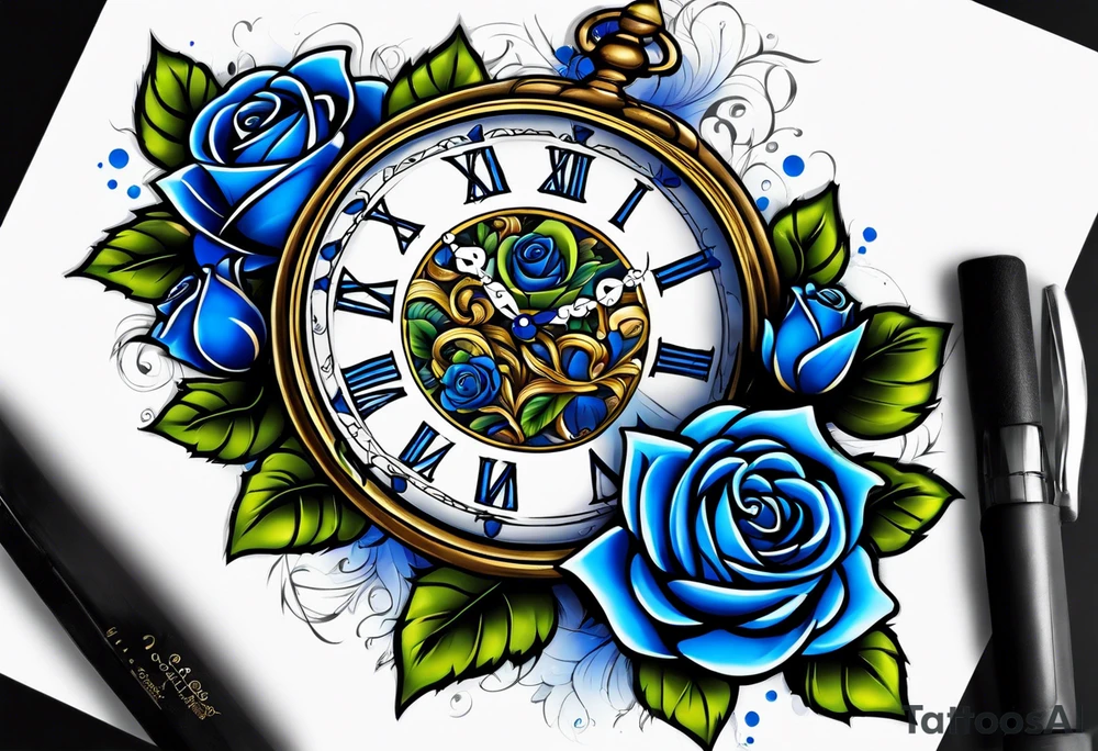 Pocket clock with blue roses tattoo idea