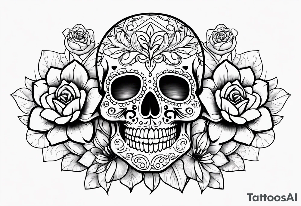 Sugar skull with roses daisies and water lilies for half sleeve shoulder and upper arm tattoo idea