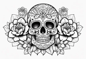 Sugar skull with roses daisies and water lilies for half sleeve shoulder and upper arm tattoo idea