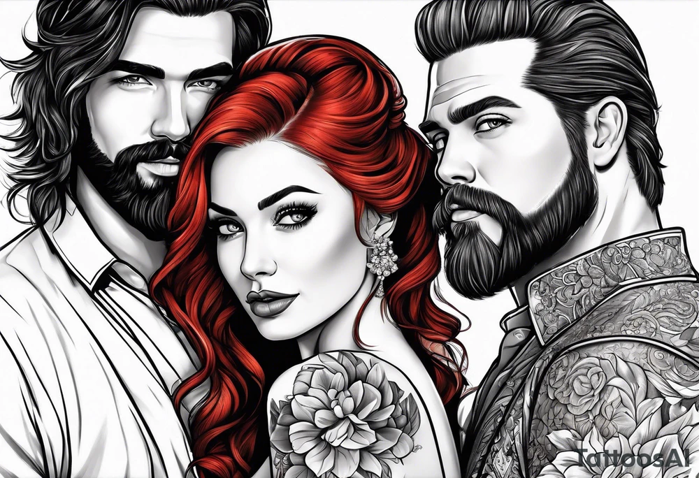 Busty red haired woman and a bearded man with black hair getting married tattoo idea