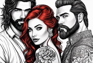 Busty red haired woman and a bearded man with black hair getting married tattoo idea