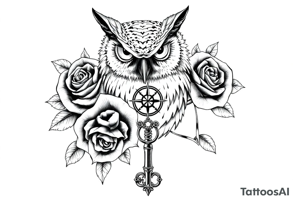 an owl,roses,compass,key. tattoo idea