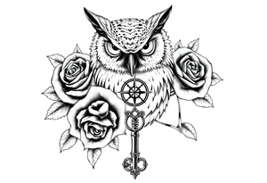 an owl,roses,compass,key. tattoo idea
