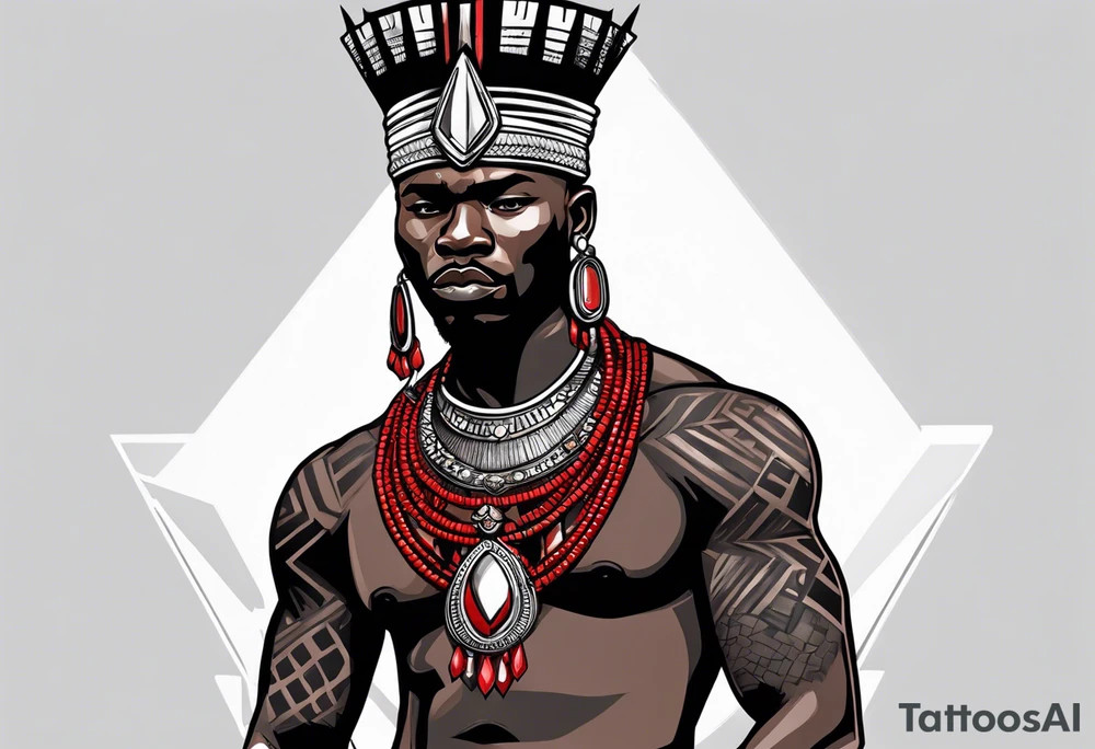 african warrior with a small silver crown and a red necklace tattoo idea
