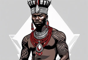 african warrior with a small silver crown and a red necklace tattoo idea