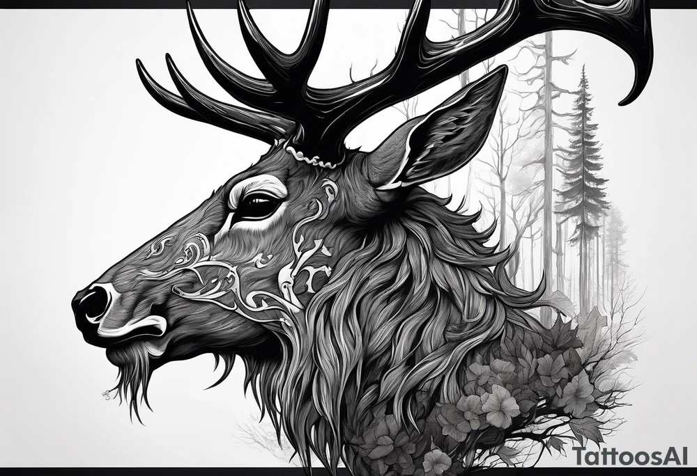 A side profile of a wendigo with a decayed deer skull head in a forest fire tattoo idea