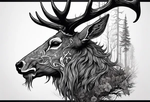 A side profile of a wendigo with a decayed deer skull head in a forest fire tattoo idea