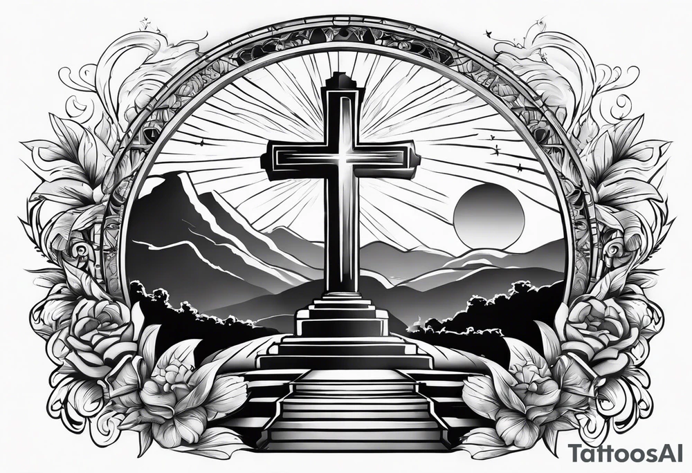 Tomb with cross and sun in the background tattoo idea