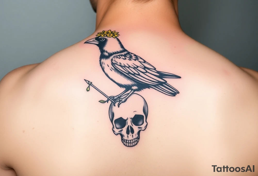 Crow with yellow flower crown, carrying a wand and perched on skull tattoo idea
