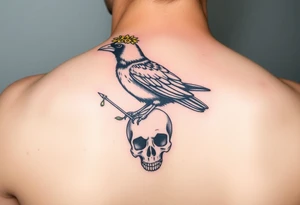 Crow with yellow flower crown, carrying a wand and perched on skull tattoo idea