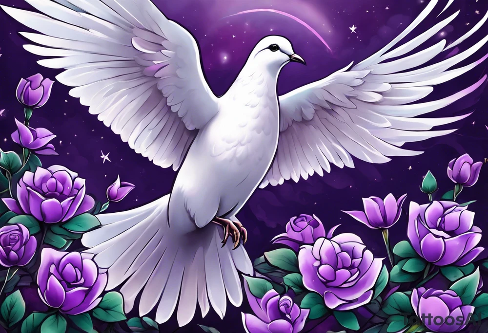 Purple flowers with a small realistic white dove coming from heaven to commemorate somebody that passed away. tattoo idea