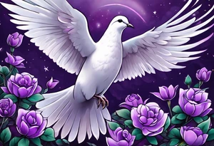 Purple flowers with a small realistic white dove coming from heaven to commemorate somebody that passed away. tattoo idea