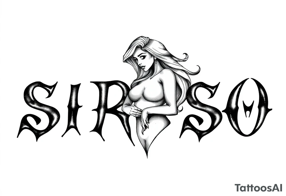 Abstract Tribal font saying “SIRISO” with all letters close together and the S in SIRISO connected to the O and a silloute of a sexy Latina woman in the shape of the words tattoo idea
