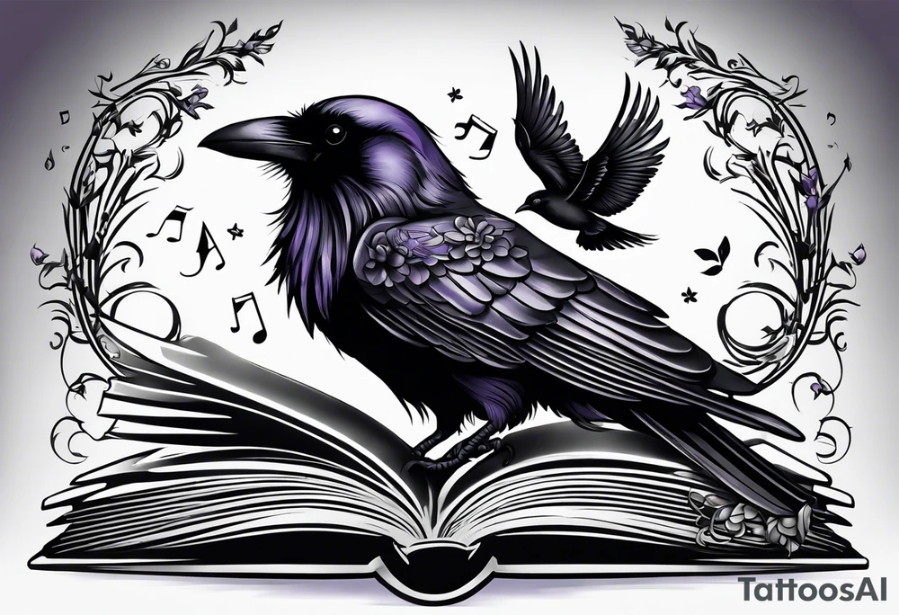 an open book with a small raven flying over, a pawn piece to the right, a single music note and a lavender flower on top of the book tattoo idea