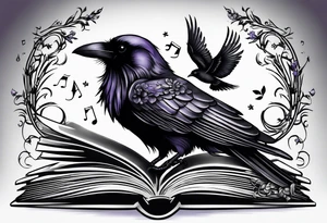 an open book with a small raven flying over, a pawn piece to the right, a single music note and a lavender flower on top of the book tattoo idea