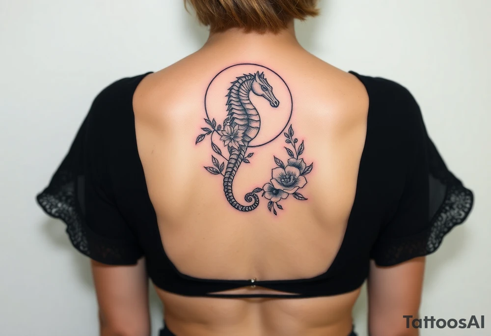 Sea horse flowers moon waves tattoo idea