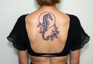 Sea horse flowers moon waves tattoo idea