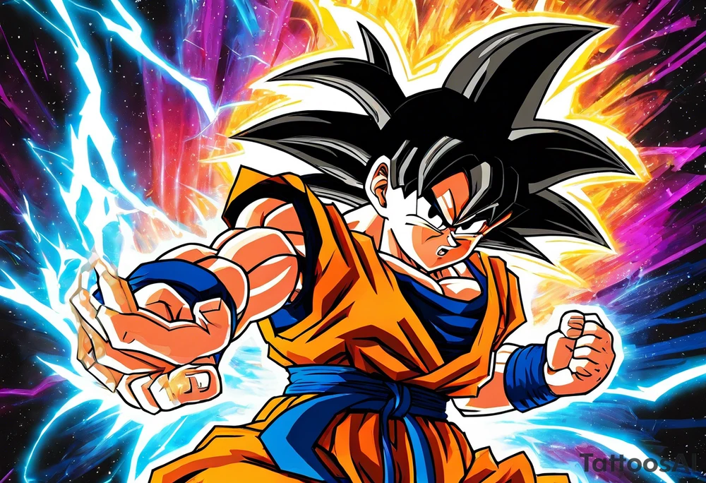 paint son goku as a super saiyajin 2, doing a kamehameha. sourround him by his friends and his family. all of them are displayed as a papercut tattoo idea