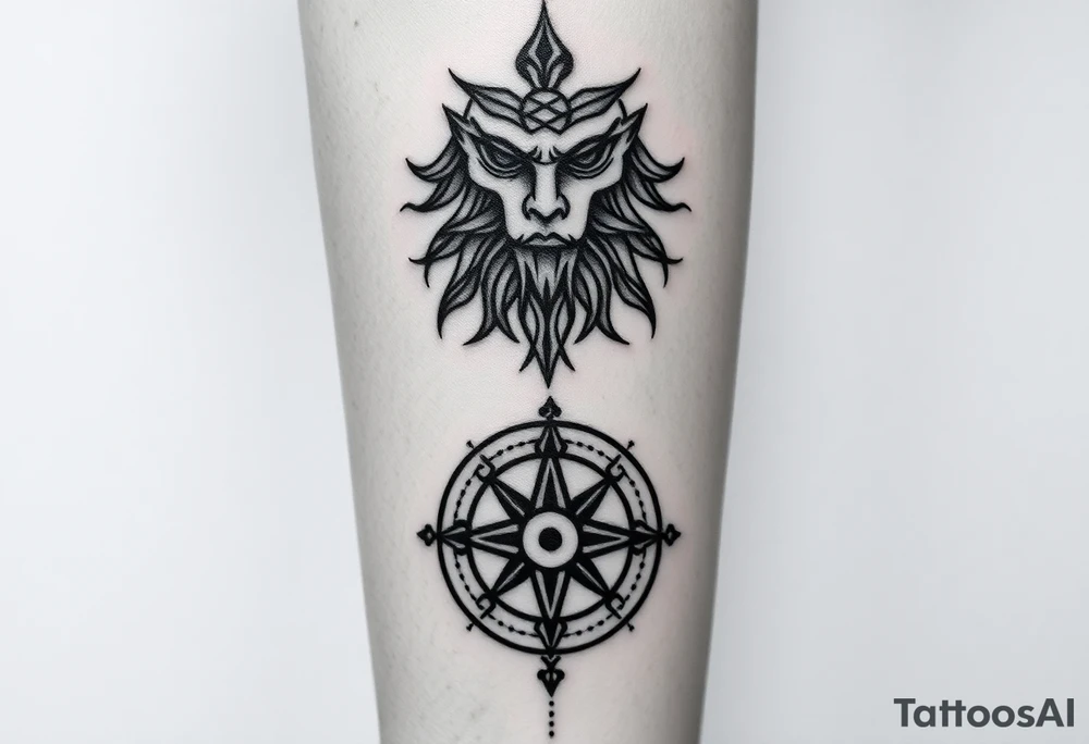 This tattoo is an ancient mark of power, as if carved not with ink, but with blood and time. Its vertical composition resembles a ritual totem that connects the three levels of existence: spirit, body, and path.

At the center lies a sacred runic symbol — a seal of inner strength and protection. It serves as a key to hidden knowledge and a talisman for one who walks their own path without looking back.
The broken lines and scarred ink appear as if the symbol was drawn in a trance, during an ancient ritual.

The upper part resembles the face of a forgotten god or a guardian spirit watching from above. The lower part is a runic compass of fate, guiding through chaos, darkness, and trials.
Every stroke is a spell. Every symbol is an oath.

This tattoo is not for everyone.
It is for those who embrace the shadow, are unafraid of the darkness, and know that true power is born within. tattoo idea