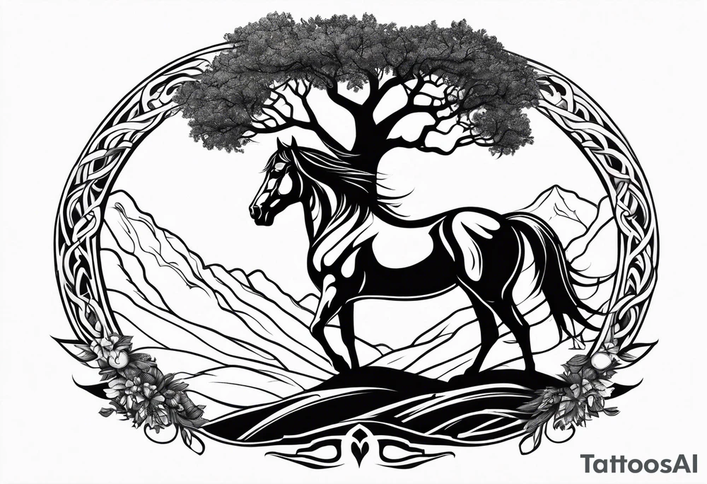 Realistic Horse and Yggdrasil tree tattoo idea