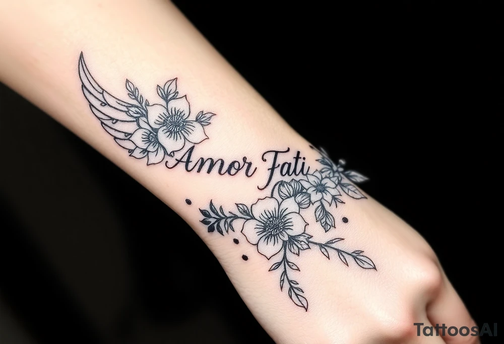 “Amor Fati” flowers colorful an angel wing tattoo idea
