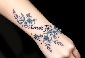 “Amor Fati” flowers colorful an angel wing tattoo idea