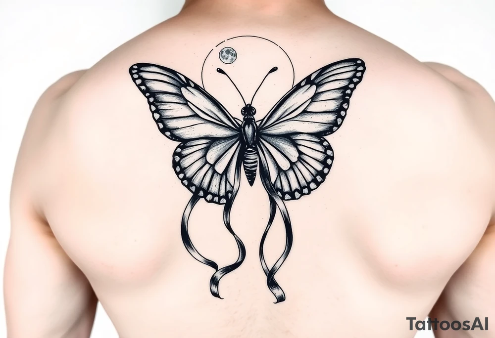 ethereal butterfly with flowing silk ribbons in moonlight tattoo idea