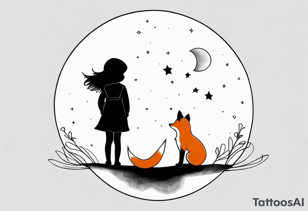 A little girl and a little fox looking at the moon, we see them from behind tattoo idea