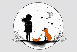 A little girl and a little fox looking at the moon, we see them from behind tattoo idea