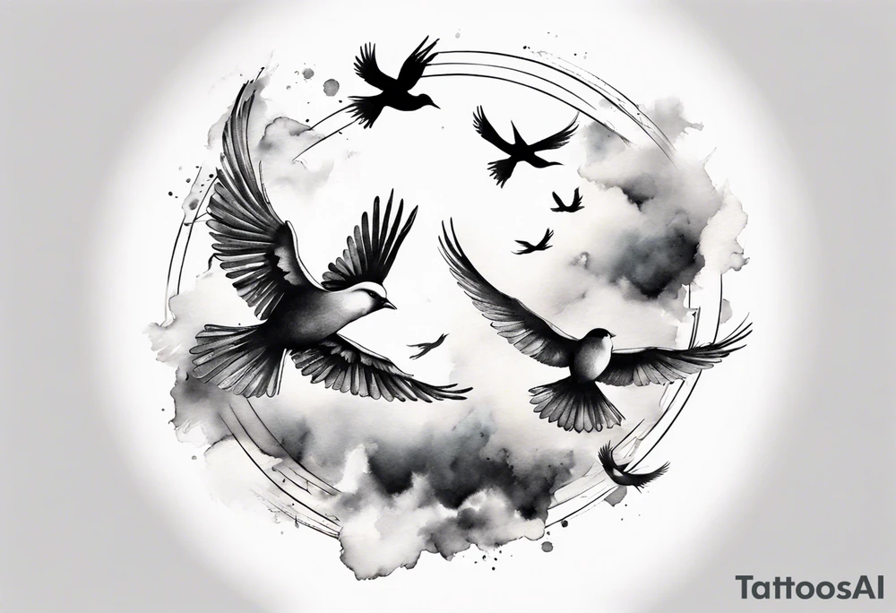 shoulder tattoo with light rays with birds flying free among the clouds, round shape, 3d effect tattoo idea