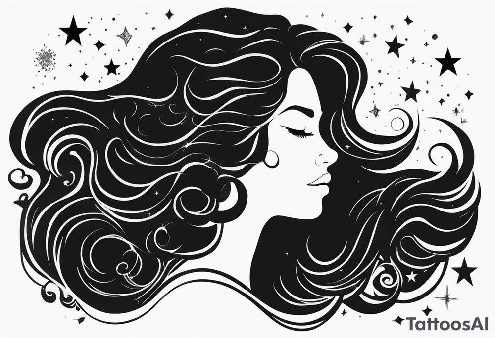 A shadow of a woman's head with long curly hair like Merida from Brave movie and her hair is made of stars planets and galaxies. Just the shadow of the woman no face tattoo idea