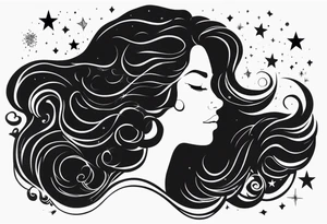 A shadow of a woman's head with long curly hair like Merida from Brave movie and her hair is made of stars planets and galaxies. Just the shadow of the woman no face tattoo idea