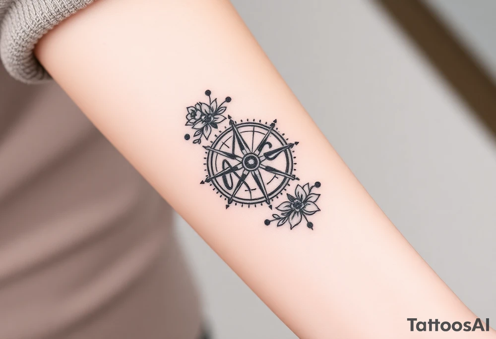 Compass with cursive letters with flowers flowing above and below tattoo idea