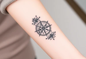 Compass with cursive letters with flowers flowing above and below tattoo idea