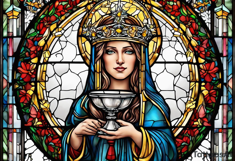 holy saint woman with halo stained glass holding a chalice with artillery tattoo idea