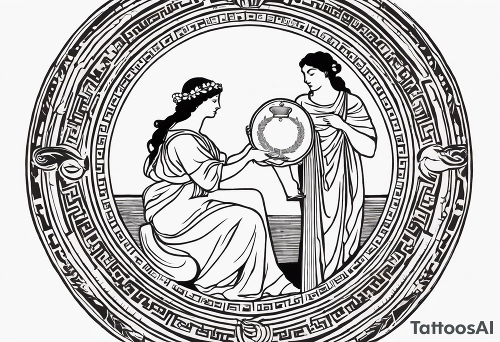"Craft a minimalist round tattoo inspired by ancient Greek art, featuring Clio, the muse of history and lyre-playing. Design a circular composition with Clio depicted in the center, holding a scroll. Surround her with simple yet symbolic elements such as laurel wreaths, scrolls, or geometric patterns reminiscent of ancient Greek pottery. Ensure the design maintains a minimalist style, with clean lines and limited detail, while capturing the essence of Clio's affinity for knowledge and the arts within the circular frame." tattoo idea