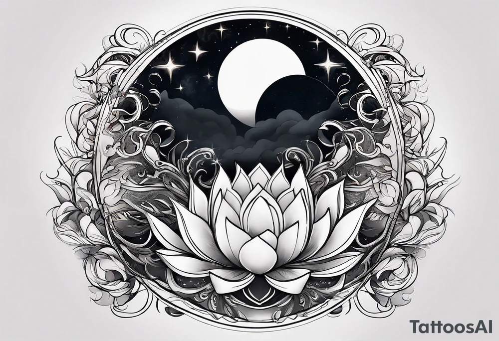 Moon surrounded by ribbons of smoke that dissolve into a lotus tattoo idea