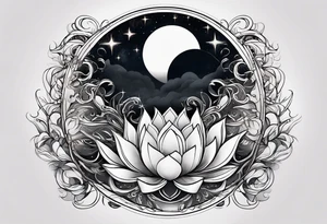 Moon surrounded by ribbons of smoke that dissolve into a lotus tattoo idea