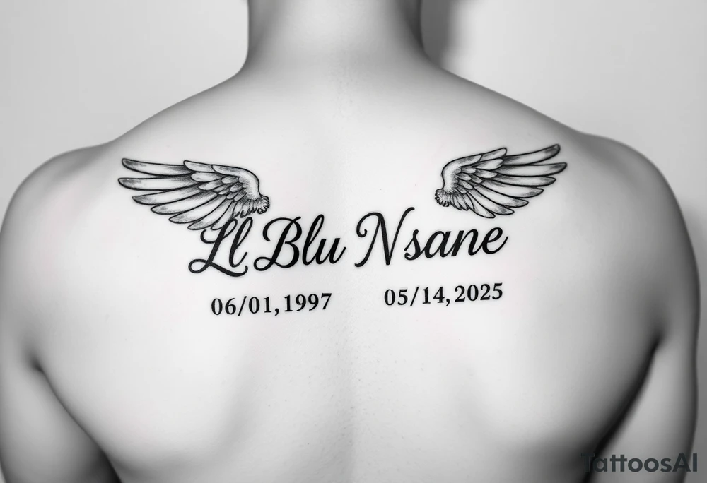A forearm tattoo that says LL Blu Nsane in cursive writing with angel wings around the words and a sunrise date of 06/01/1997 and a sunset date of 05/14/2025 tattoo idea