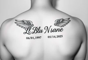 A forearm tattoo that says LL Blu Nsane in cursive writing with angel wings around the words and a sunrise date of 06/01/1997 and a sunset date of 05/14/2025 tattoo idea