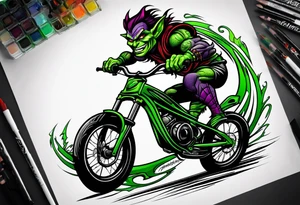 Green goblin riding a Santa Cruz blur full suspension mountain bike tattoo idea