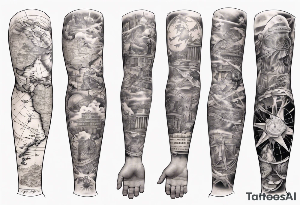 full arm tattoo for man with images of maps and travel and dna strands and music tattoo idea