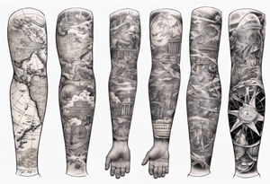 full arm tattoo for man with images of maps and travel and dna strands and music tattoo idea
