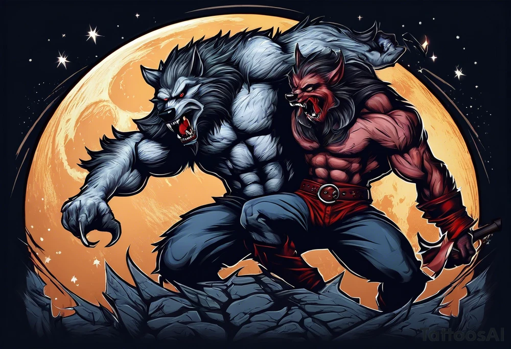 Muscular werewolf fighting a vampire under the moon tattoo idea