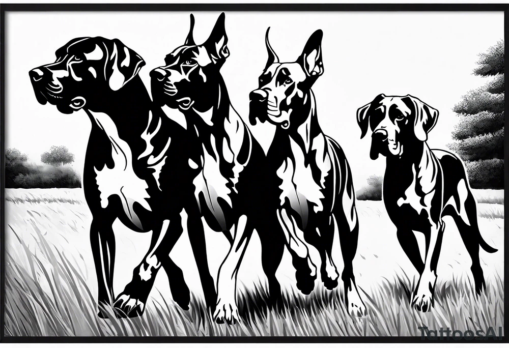 full arm sleeve on guy with (4) Four Great Dane floppy ear dogs running together in the field tattoo idea